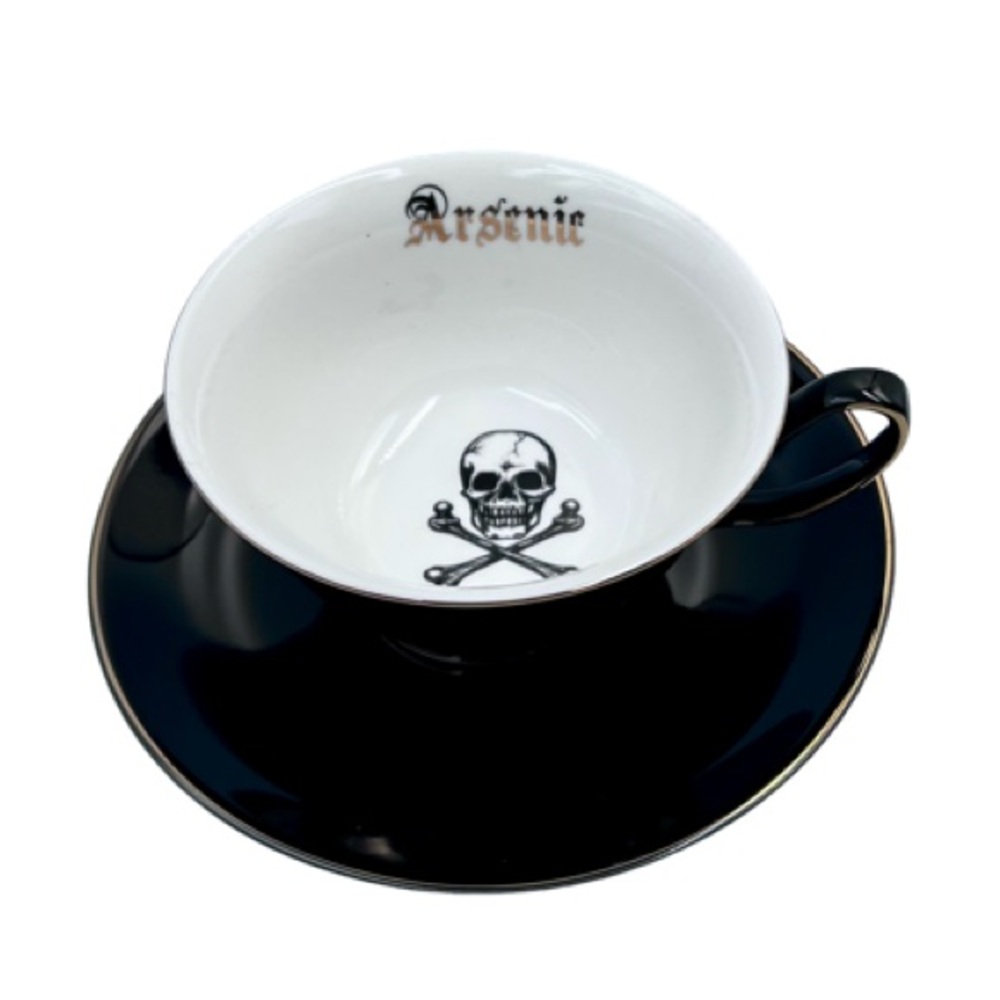 Elegance Arsenic Skull & Crossbones Black Teacup & Saucer Gold Trim Halloween